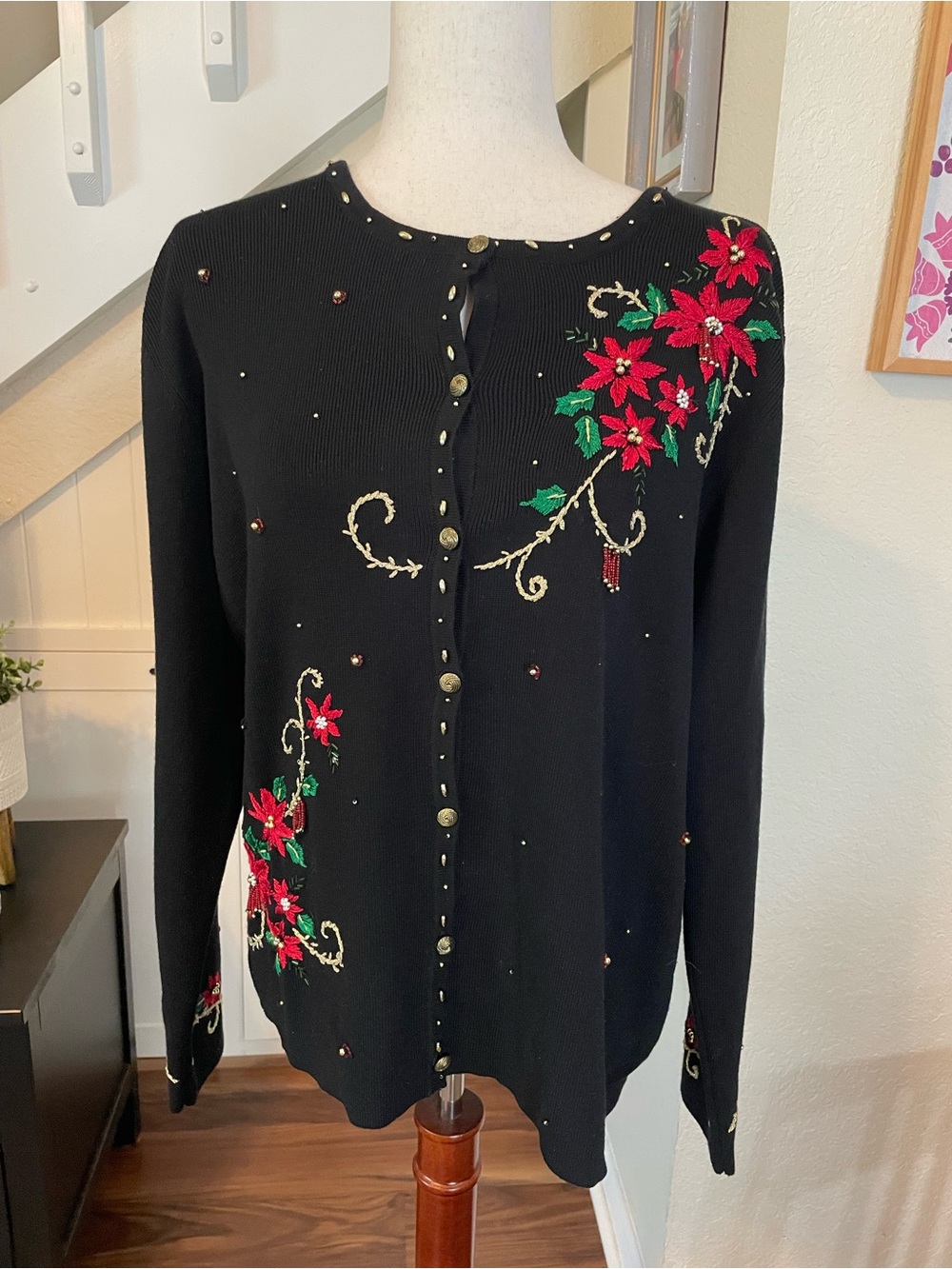 Vintage 90s CB Collections Christmas Poinsettia Cardigan Sweater Beaded Black XL